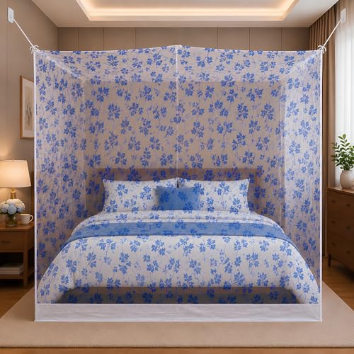 Image of Mosquito Net for King Size Bed & Double Bed, 6x7 Ft, Wall Hanging Machhardani, No Frame Required, Floral Vine Pattern, Premium Poly-Cotton Fabric, Soft Mesh Ideal for AC Rooms (Sapphire Blue Vine)