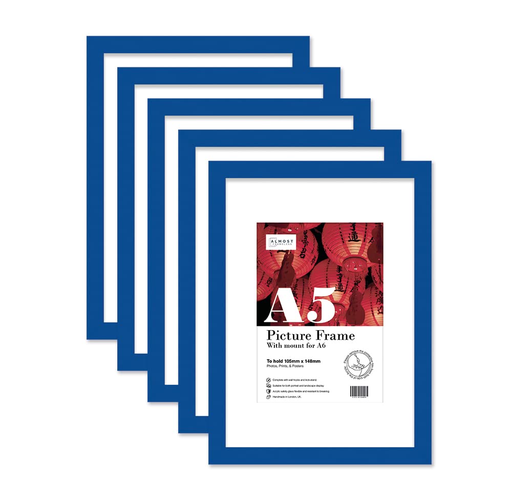 Almost Frameless A5 Blue Picture Frame Set of 5, Display A6 Pictures with Mount or A5 Without Mount Gallery Wall, Poster, Photo, Artwork, or Print, Blue