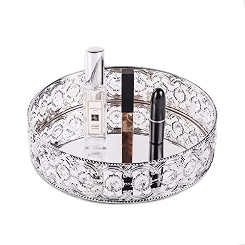 Bandeja de espejo organizador de maquillaje, bandeja de espejo cosmético, bandeja de joyas redonda para anillos, pendientes, bandeja decorativa para cómoda, mostradores, cuarto de baño (plata) Cover