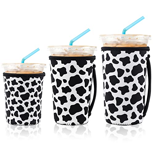 Image of KJQJLY 3 Pack Reusable Iced Coffee Sleeves for Iced Coffee Cups or Drinks Reusable Neoprene Insulated Sleeves for Hot and Cold Drinks from Starbucks, Dunkin, And More (Cows)