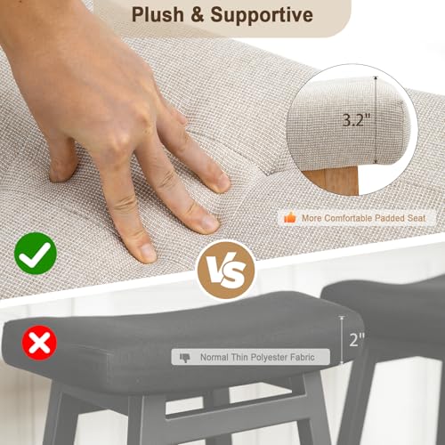 Image of Counter Height Bar Stools Set of 2, 24 Inch Backless Upholstered Counter Stools with Solid Rubberwood Legs, Modern Farmhouse Saddle Stools for Kitchen Island, Home Bar, Beige Linen Fabric