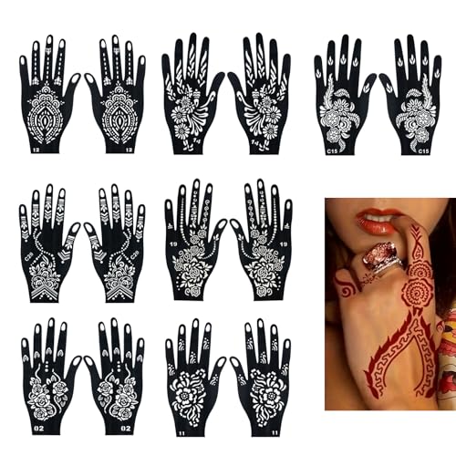 14 Blatt Henna Tattoo Schablonen Für Hände Und Finger, Arabisches Henna Schablonen Set Wiederverwendbar, Temporäre Tattoo Vorlagen Für Frauen, Ideal Für Party Festival Körperkunst