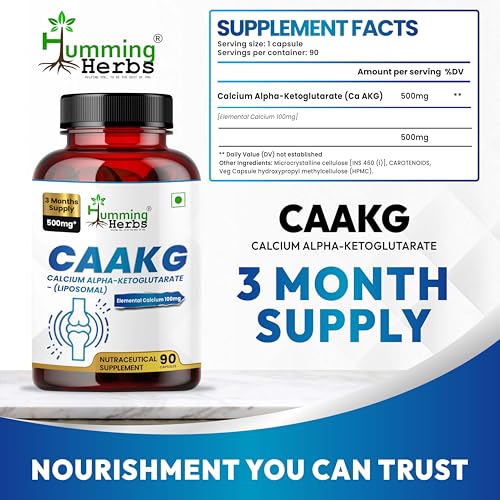 Image of Humming Herbs Calcium Alpha-Ketoglutarate (Ca-AKG) 500 mg - 100 mg Elemental Calcium - 90 Vegetarian Capsules - Non-GMO - Supports Cellular Health and Bone Nutrition