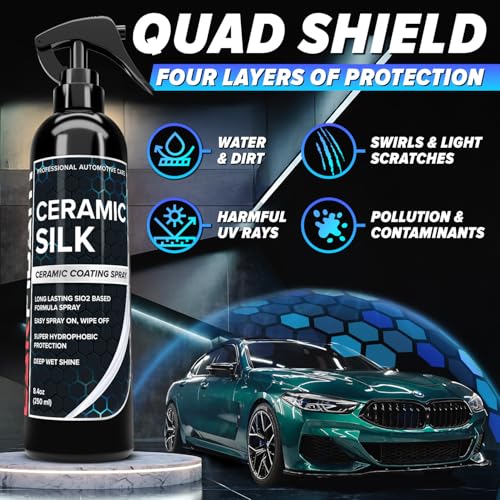 Carfidant Ceramic Silk - Ceramic Coating Spray - High Gloss, Hydrophobic Protection & Chemical Resistance for Cars, RVs & Boats - Long-Lasting Shine & Durability for Exterior Detailing - 8 fl. Oz.