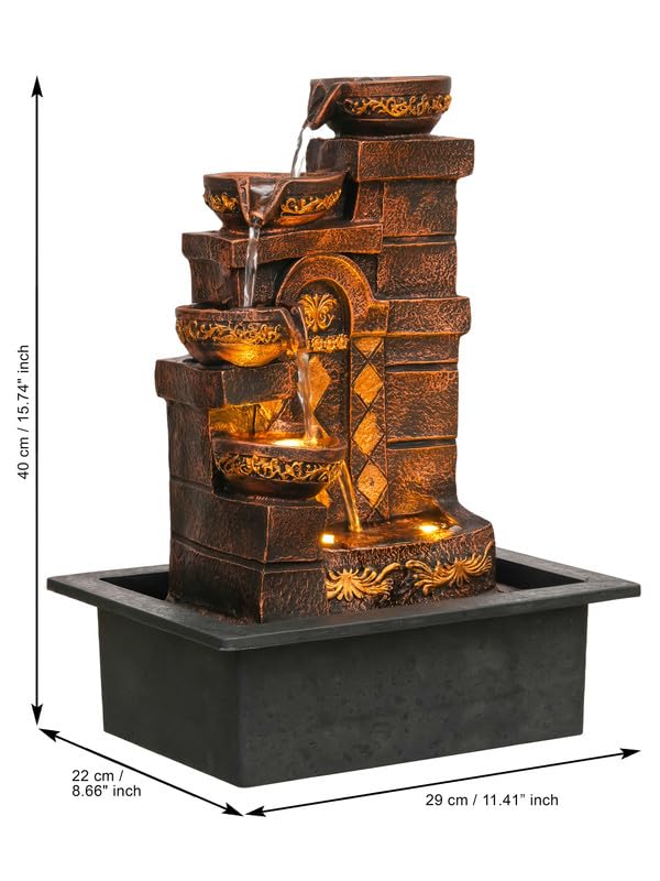 Image of Polyresin Golden Brown Designer Table Top Indoor Home Decor 4 Steps Waterfall Fountain with Yellow LED Lights & Water Flow Controller Pump (Size: 40 x 29.5 x 22CM | Weight: 2185grm)
