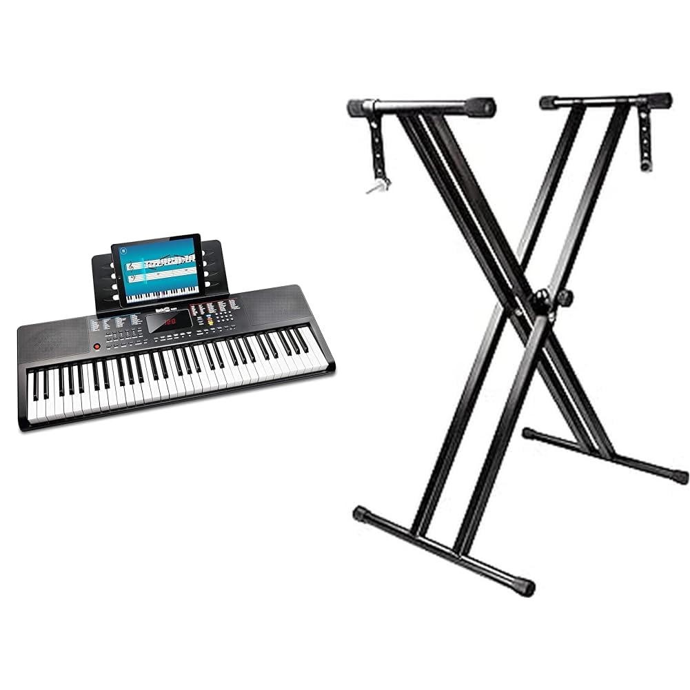 RockJam Teclado RockJam compacto de 61 teclas con soporte para partituras, fuente de alimentación & Soporte de teclado ajustable con doble refuerzo y con correas de bloqueo