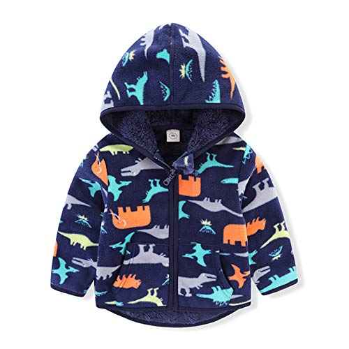 Toddler Baby Boys Girls Polar Fleece Jacket Hooded Dinosaur Print Lined Hoodie Zipper Up Coat Tops Autumn Winter Long Sleeve Thick Warm Outerwear Cardigan Overcoat Sweatshirt Navy Blue 1-2 Years
