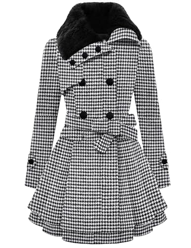 Image of Zeagoo Peacoat Women 2025 Winter Wool Coat Double Breasted Faux Fur Lapel Coats with Pockets Houndstooth