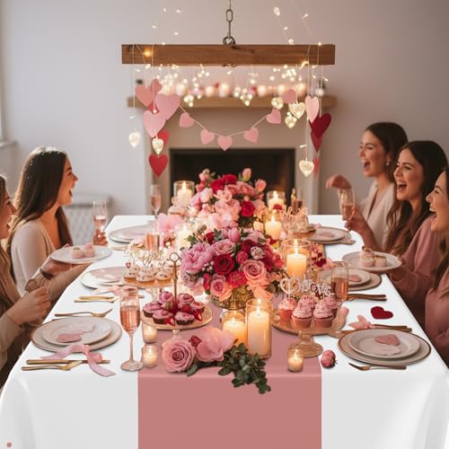 Image of Smiry Plastic Table Cloth Disposable 8 Pack, 54 x 108 Inch Rectangle Waterproof Tablecloth, Printed Gold Table Runner Style for Birthday Weeding, Party, Leakproof & Sturdy, Rose Gold and White