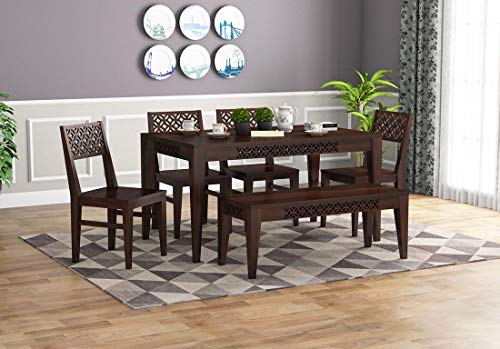 Image of Solid Sheesham Wood 6 Seater Dining Table with 4 Chairs and 1 Bench for Living Room Home Office Dining Room Wooden Furniture Dinner Table Set (Walnut Finish)