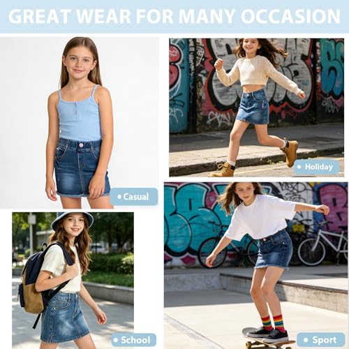 Image of ABALACOCO Jean Skirt for Girls 2Pack Denim Mini Skirt Shorts A-Line Kids Dress,Stretchy Waist Cotton Soft Button Wear 3-14T