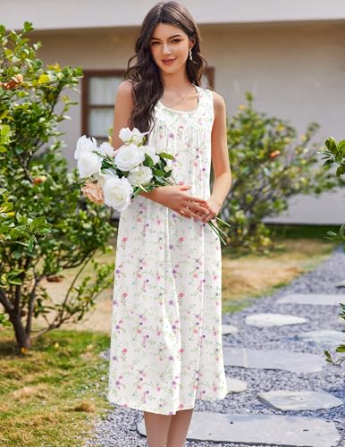 Image of Ekouaer Nightgowns for Women Cotton Long Night Gown Sleeveless Sleep Dress Victorian Nightdress Ladies Sleepwear