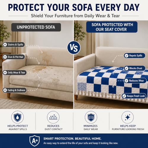 Image of Velvet Quilted Sofa Armrest Covers (Pack of 2) | Blue Check | Anti-Slip Soft Washable Arm Covers with Tassels | 24 x 27 Inches (Half)