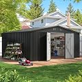 EASYHAWK 14x12 FT Outdoor Storage Shed, Metal Garden Shed with Lockable Door & Sloped Roof, Large Waterproof Utility Tool Shed for Backyard, Garden, Patio, Lawn, Black