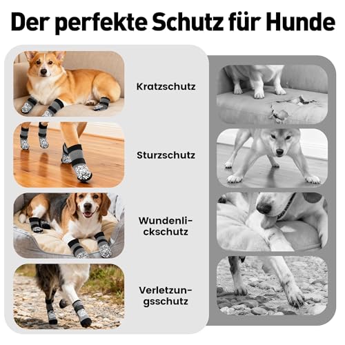 Apoway 4 Stück rutschfeste Hundesocken Anti Rutsch, Pfotenschutz Hund wasserdicht mit verstellbaren Riemen und zweiseitiges Silikon, Antirutschsocken Hund für Kratzern/Hitze/Kälte/Leckschutz, XL