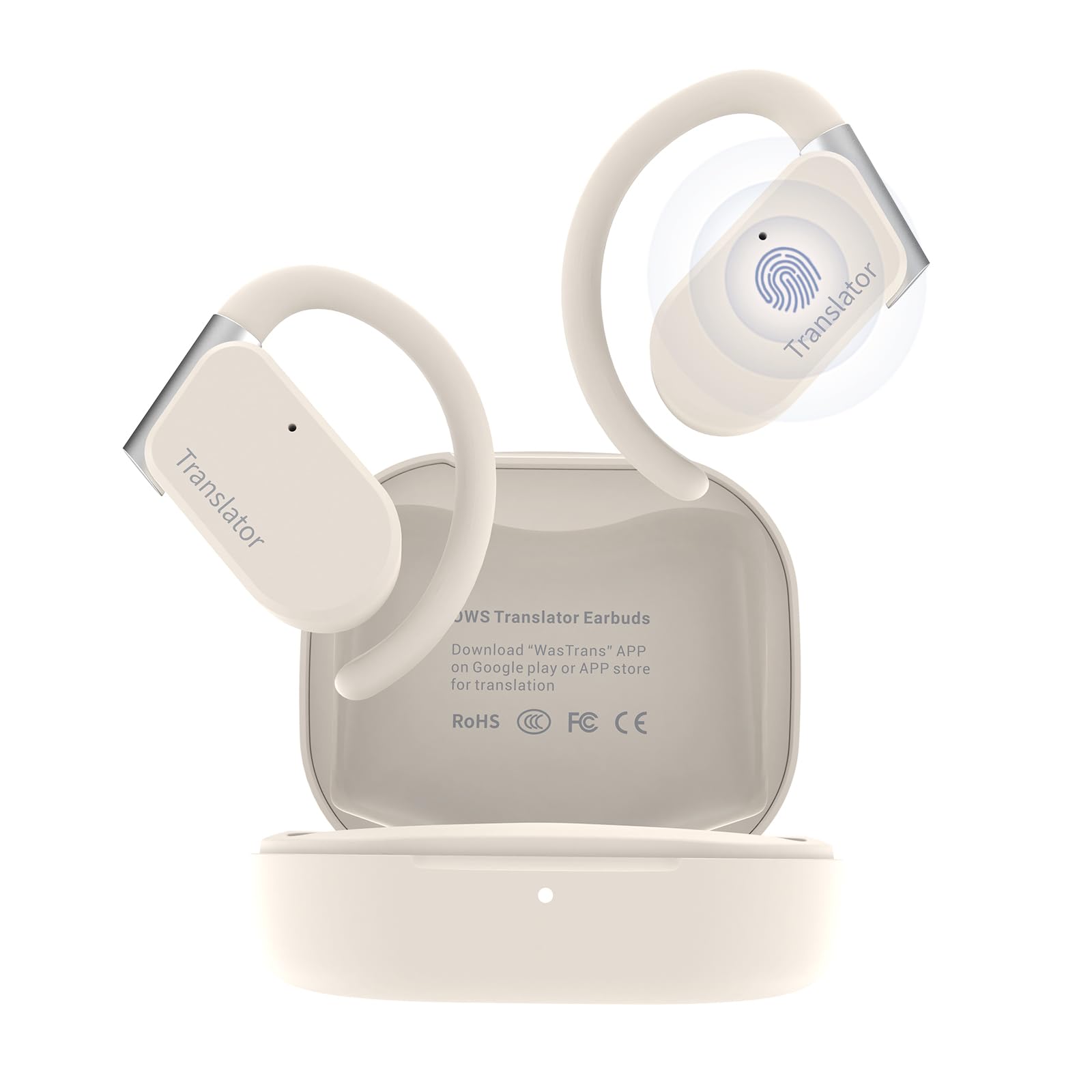 beige open-ear headphones with ergonomic hooks for language translation