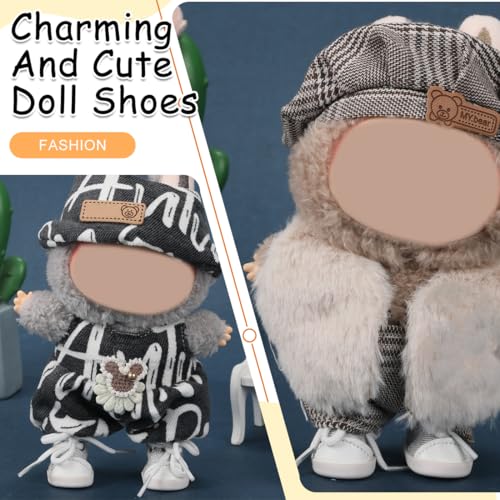 YAYNO 2 Paar Mini-Puppenschuhe Süße Schnürschuhe aus Canvas für 17cm/15cm Große Plüschpuppen Griffbrettschuhe Spielzeug-Outfit-Accessoires (Grau und Schwarz)