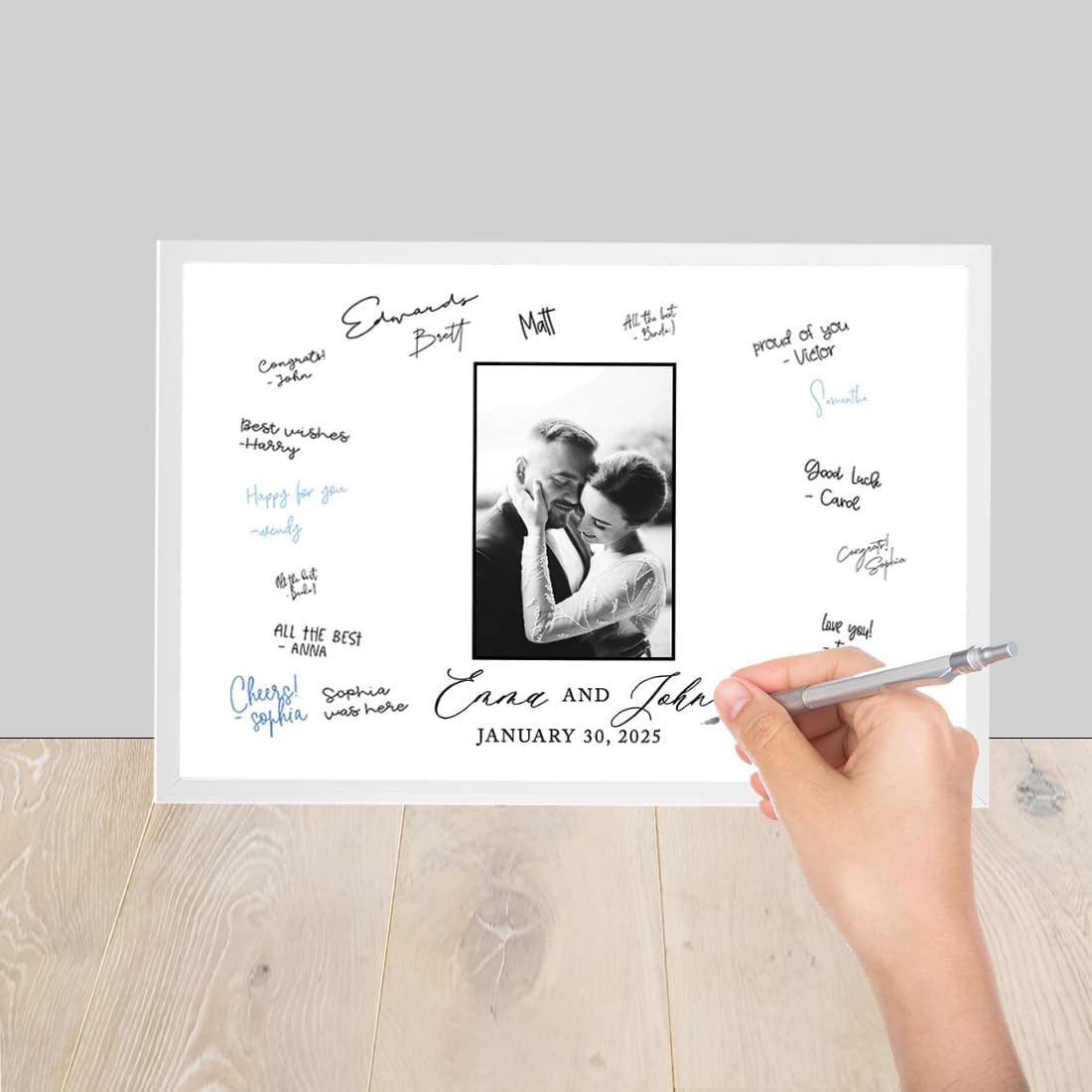 Andaz Press 12x18-Inch Personalized Wedding Signature Frame Guest Book Alternative, Wedding Reception Sign in, Welcome Sign with Frame, Modern Custom Photo, Couple's Name, Date, Wedding Decorations