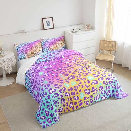 Image of Feelyou Girls Colorful Leopard Comforter Set - Women & Kids Cheetah Print Bedding - Toddler Size - All Seasons - Safari Animal Print Quilt & Duvet Set