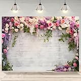 7x5ft Wedding Flower Wall Backdrop Rustic White Brick Wall Pink Floral Photography Background Bridal Shower Wedding Decoration Banner Sweet Girl Portrait Photo Shoot Props