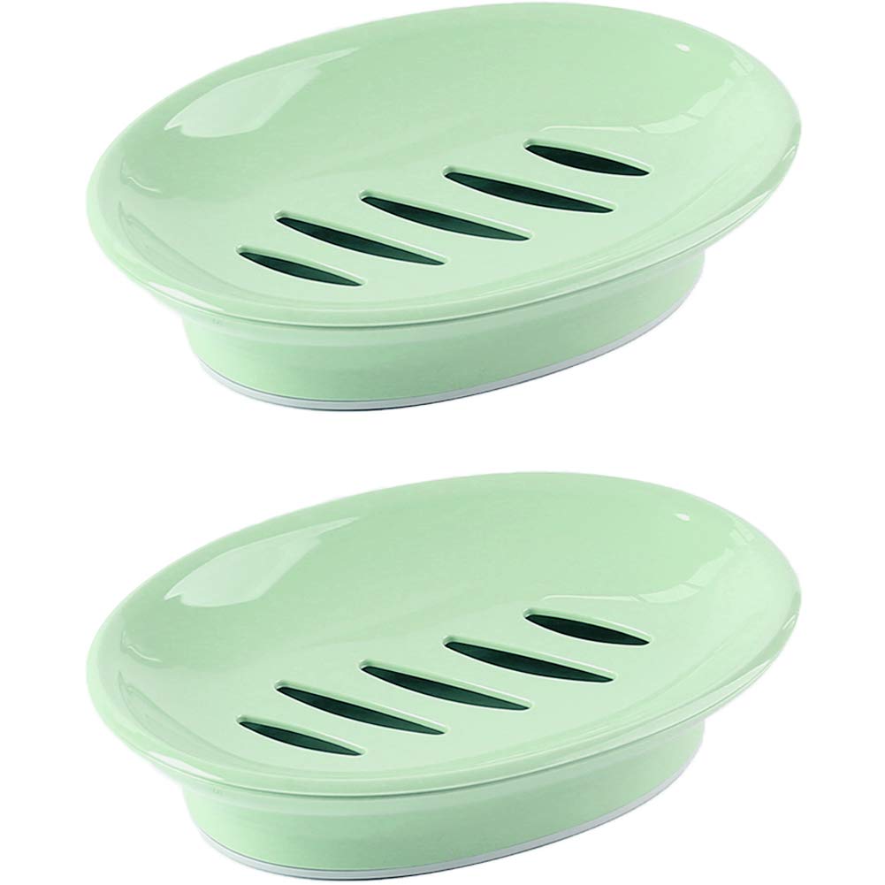WYOK 2-Pack Soap Dish with Drain Soap Holder Easy Cleaning Soap Saver Dry Stop Mushy Soap Tray for Shower Bathroom Kitchen(Green)
