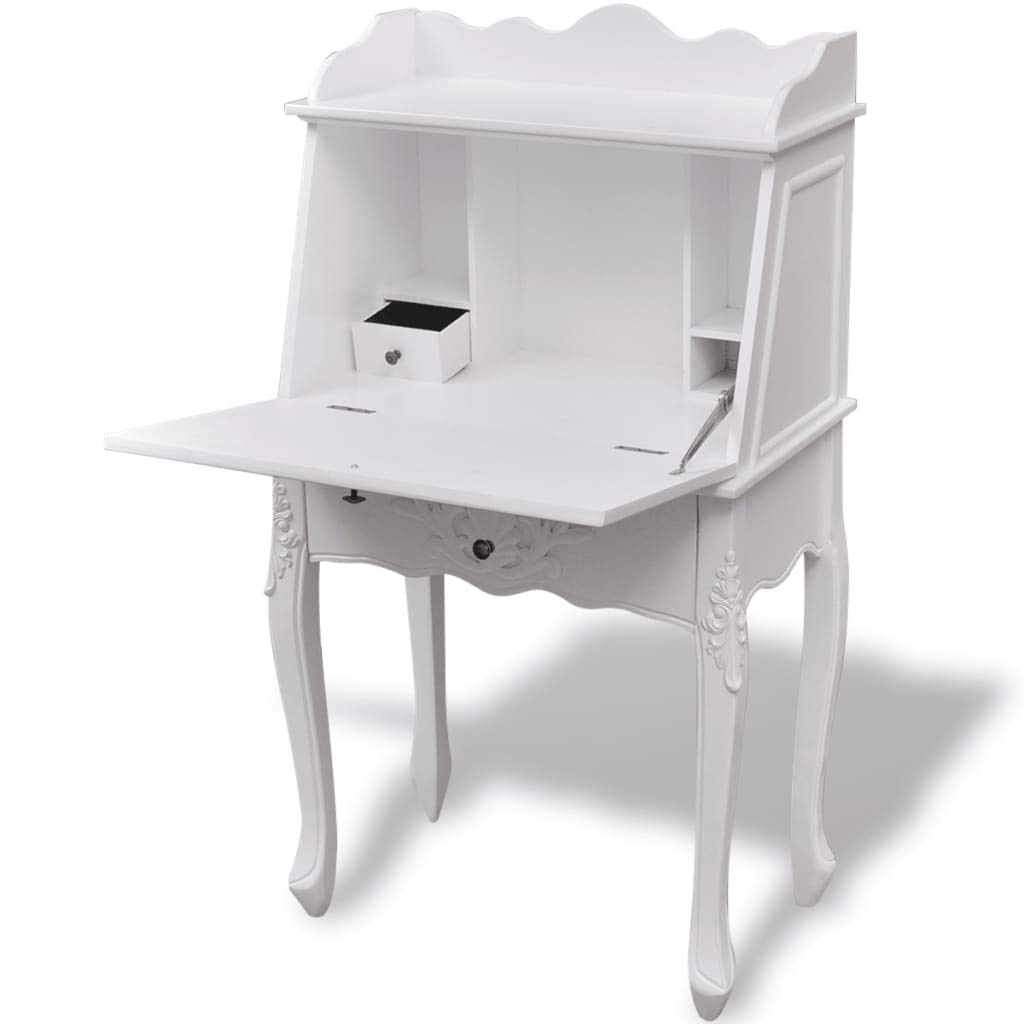 Genérico Oficina de Secretario de estilo francés antiguo blanco con tapa con bisagras, pequeño cajón y estantes, almacenamiento para bolígrafos y papelería, de MDF y madera de pino