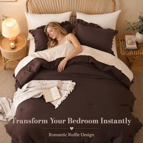 Image of JANZAA Brown Comforter Set Full - Soft Microfiber, Lightweight All Season Bedding, Ruffle Shabby Chic Aesthetic, Breathable Cozy Bed Set with 2 Pillow Shams, Machine Washable