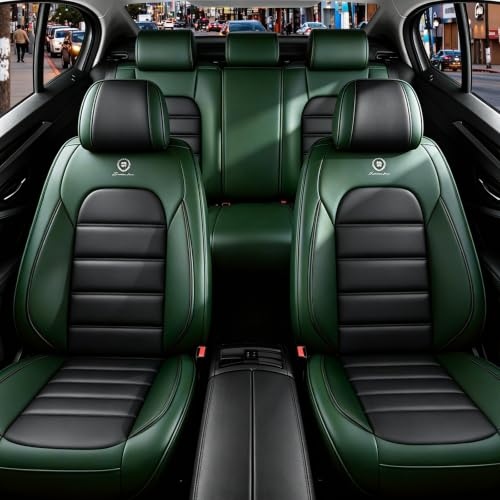 Image of Full Set Car Seat Covers for Jeep Compass 2007-2026, Waterproof Stain-Resistant Seat Cover, Premium Nappa Leather Seat Protectors with Storage Pockets(Luxury 5 Seats /Black&Green)