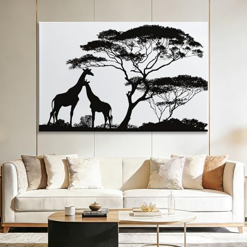 Silhouette girafe sur grand tableau moderne en toile blanche 70x50