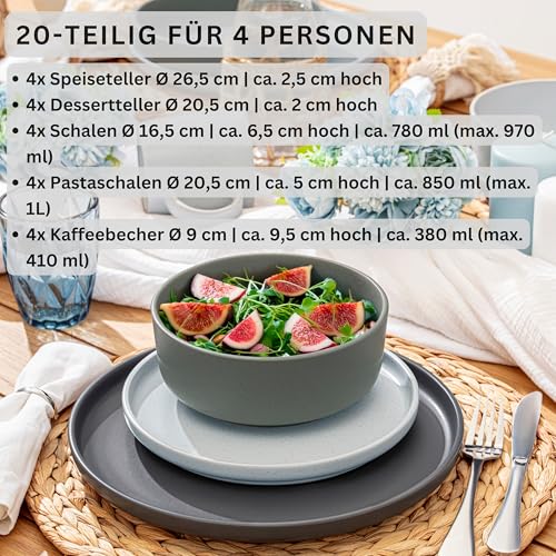 SÄNGER Leeds | Kombiservice 20 teilig, Steingut Geschirr 4 Personen, 4x Speiseteller 4x Dessertteller 4x Schalen 4x Pastateller 4x Kaffeebecher, Teller Set bunt | VALUE COLLECTION