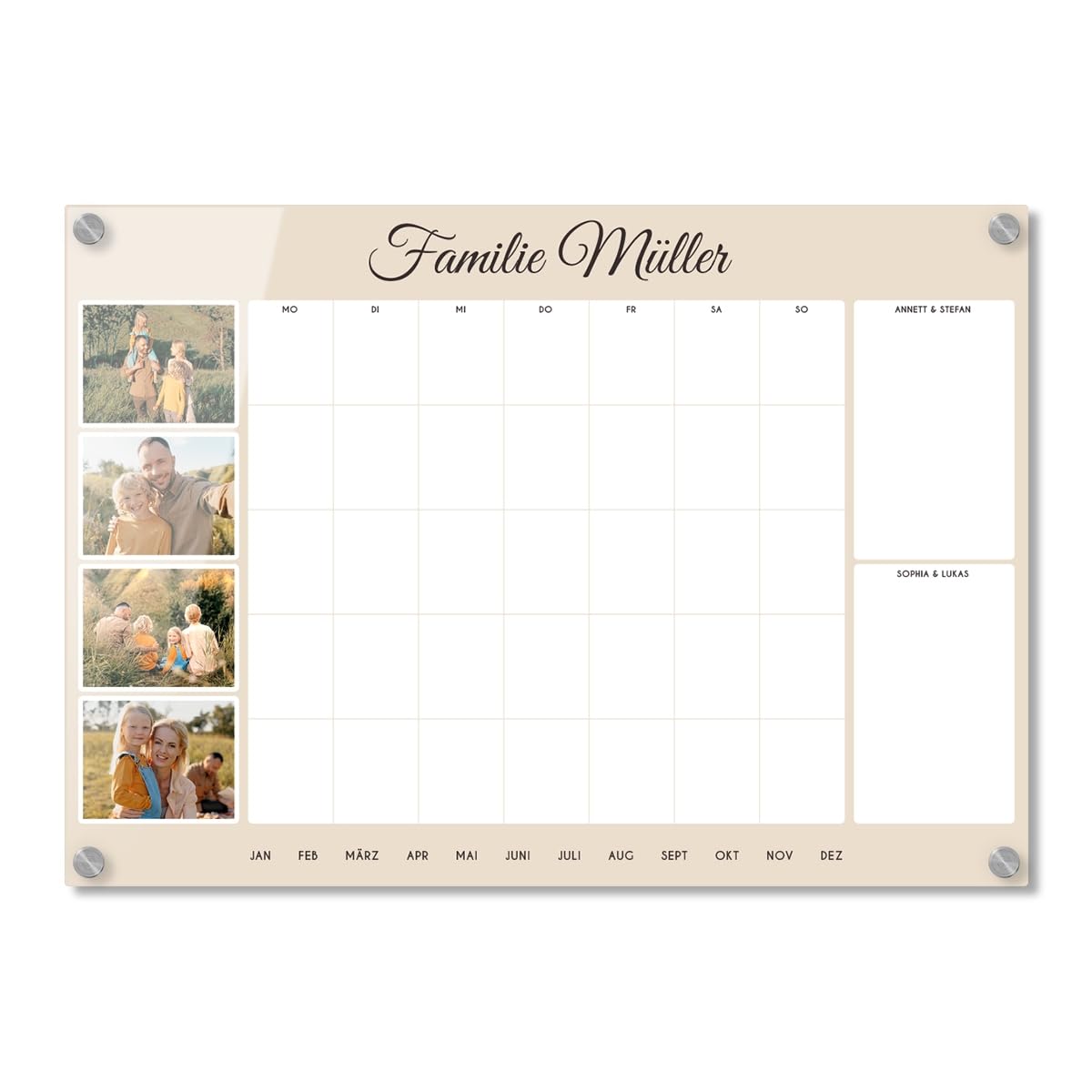 Personalisierter Acrylglas Foto Wandkalender Monatskalender abwischbar DIN A3, A2 oder A1 XXL wählbar inkl. Montagematerial und Edelstahl Abstandhalter, langlebig, klarer UV-Druck