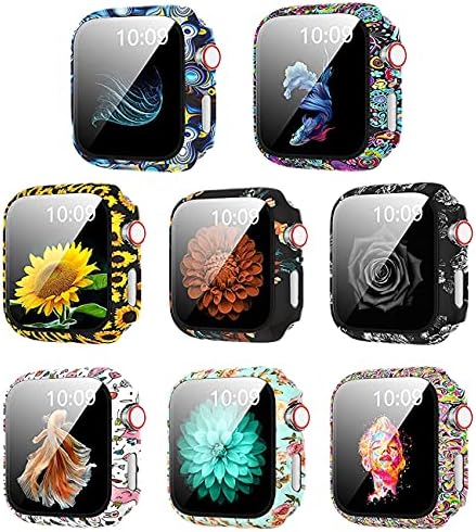 8 Pack Case Compatible for Apple Watch SE Series 6 5 4 3 2 44mm 40mm 42/38mm Hard PC Flowers Case with Tempered Glass Smartwatch Screen Protectors Full Protective Cover for Women Girl (8Pack, 40mm)