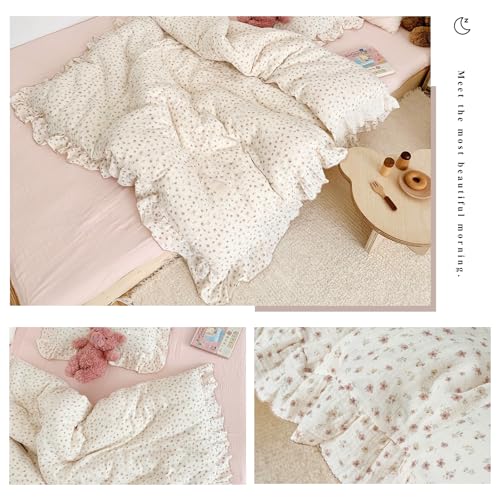 Image of VM VOUGEMARKET Cream Duvet Cover Queen with Tiny Flower Pattern Soft Muslin Cotton Bedding Set with Ruffles,Soft,Breathable Linen Like Gauze Comforter Cover with Zipper Closure 90 inchx90 inch
