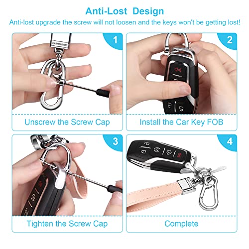 QBUC Genuine Leather Car Keychain,Universal Heavy Duty Metal Key Chain Accessories,Car Fob Key Keychain Holder with 360 Degree Rotatable Snap Swivel and Anti-Lost D-Ring for Men Womenï¼Pinkï¼ - Image 5