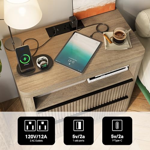 Image of Night Stand, Nightstands with Drawer Storage Bedside Table Large Modern nightstand with USB Port and Outlet, mid Century nightstand for Bedroom,Sofa Table(Grey Alder)
