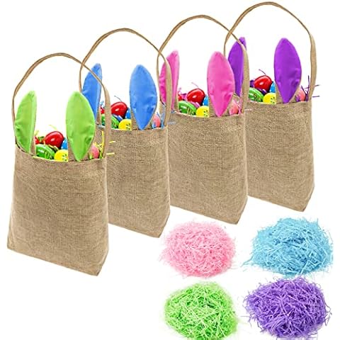 ArtioHipo Easter Baskets for Kids Canvas Bunny Eggs Hunt Basket Egg Jute Burlap Bags 4 PCS with 80g Easter GrassHandbag Rabbit Party Celebrate Gift Toys Carry Bucket (Pink, Blue, Green, Purple) Cover