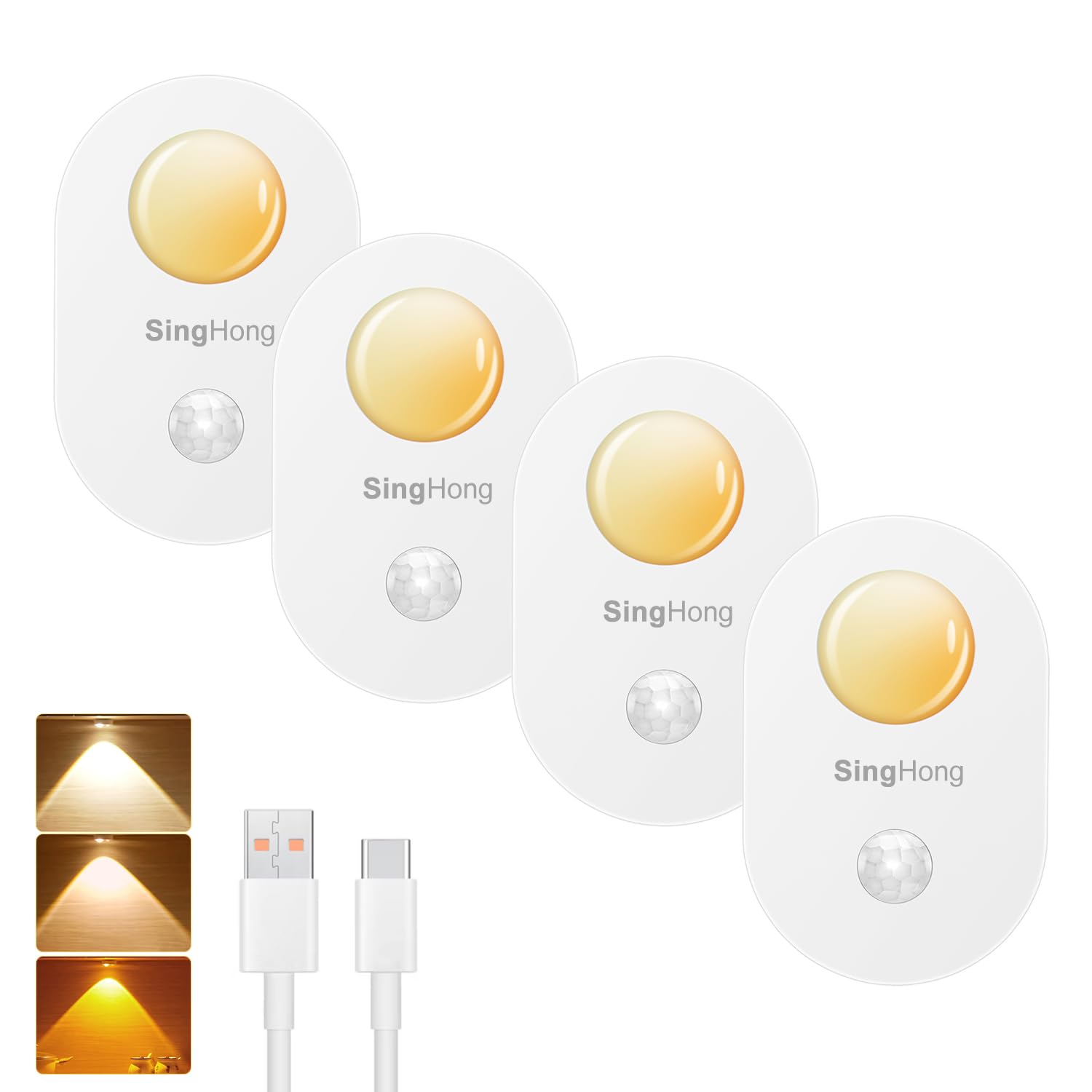 SingHong Motion Sensor Lights, Night Light, Cabinet Light, Hilly Effects, Li Battery, Rechargeable, 3 Color Temepratures, Magnetic, Under Counter Lights for Wardrobe, Cupboard,Hallway (4 Pack)