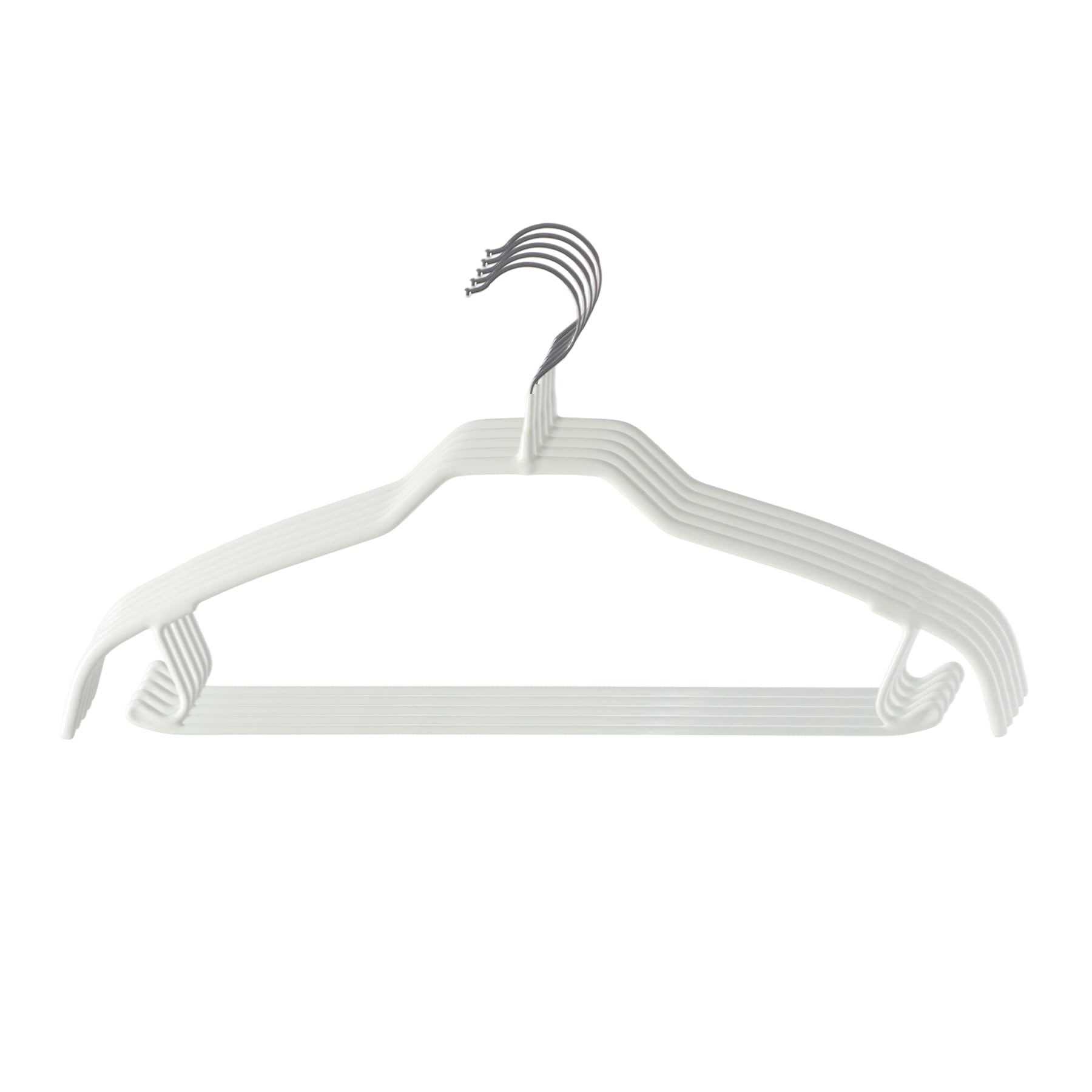 SHIMOYAMA Clothes Hangers, 5 Pack, 40cm Metal Slim Hanger with 360°Swivel Hook & Pants Bar, Non-Slip Coat Hangers for Tops, Knitwear, Jumpers, Jackets, Trousers (White)