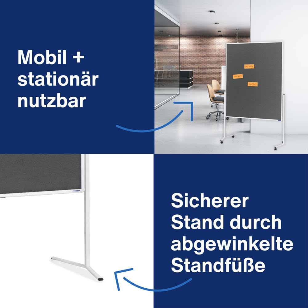 magnetoplan Moderationstafel einteilig, Filz Grau l Doppelseitig BxH 1200x1500mm l Aluminiumrahmen Weiß l Mobile Präsentationstafel l Mit 4 Lenkrollen & stabilem Stahlgestell l Für Büro & Schulung