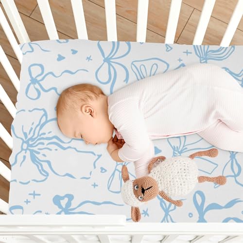 Image of Cartoon Doodle Blue Bows Fitted Crib Sheets Stretchy Portable Playard Sheets for Baby Toddler, Breathable Soft Mini Crib Mattress 52 x 28 in for Boys and Girls