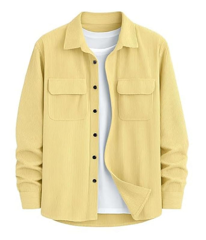 Image of DEELMO Men's Full Sleeve Corduroy Shirt | Stylish Textured Casual Button-Down Shacket for Autumn Winter | Dual Pocket Front Design | Ideal for Layering and Daily Outfits
