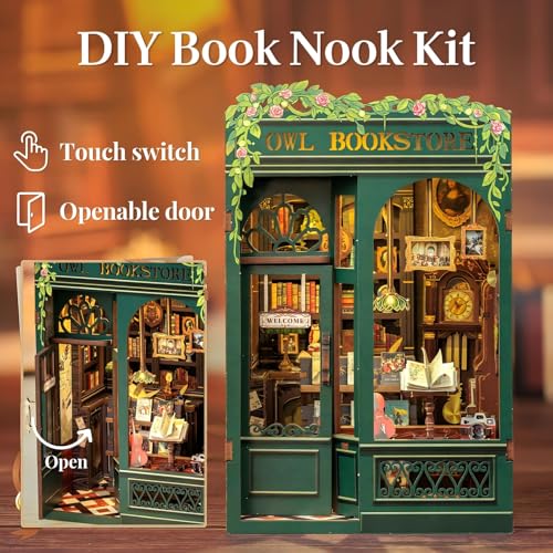 Image of Fsolis Book Nook Kit, DIY Miniature House Kit for Adults Tiny House Mini Bookshelf Diorama Building Kit 3D Wooden Puzzle for Adults Bookish Gifts for Women Book Lovers Readers (OWL Bookstore)