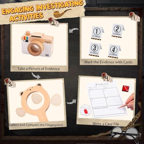 Image of Wudly Wooden Kids Detective Role Play Set - 15 Pieces Fancy Dress for Boys with Case File, Evidence Markers, Wooden Tools, and Costume Accessories, Detective Set, Costume for Kids