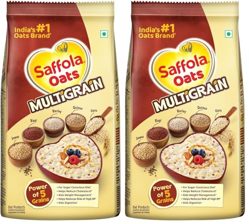 Image of Saffola Oats Multigrain | 480g | 5 Super Grains-Rolled Oats, Ragi, Quinoa, Jowar, Barley | Helps Reduce Cholesterol, Helps Manages Weight, Reduce Risk of High BP, Aids Digestion (Pack of 2)