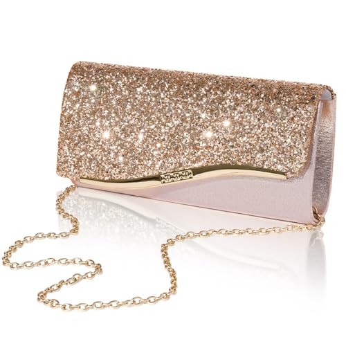 Larcenciel Glitter Evening Clutch Purse for Women with 2 Chain Straps, Fashion Youth Girls Party Bags, Sequins Shoulder Crossbody Handbags for Prom Wedding Cocktail Formal Events Nights Out, Champagne
