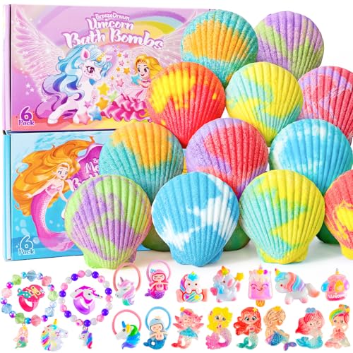 Shell Bath Bombs for Girls 12 Pack Child-Safe Aromatherapy Bath Bombs with 20 Surprise Toys Inside 6 Fruity Scents in 2 Gift Boxes (Mermaid & Unicorn Themes) Christmas Gift for Kids