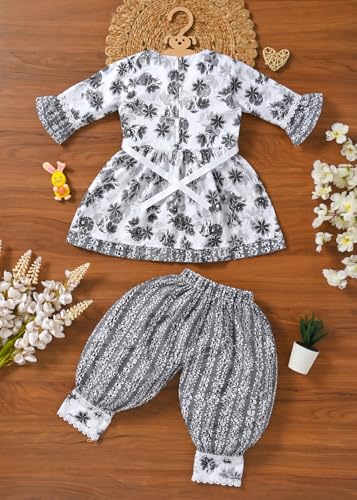 Image of Baby Girls Yellow Ethnic Clothing Set, Mirror Work Embroidered Frock with Zigzag Print Pants, Comfortable Cotton Outfit for Kids