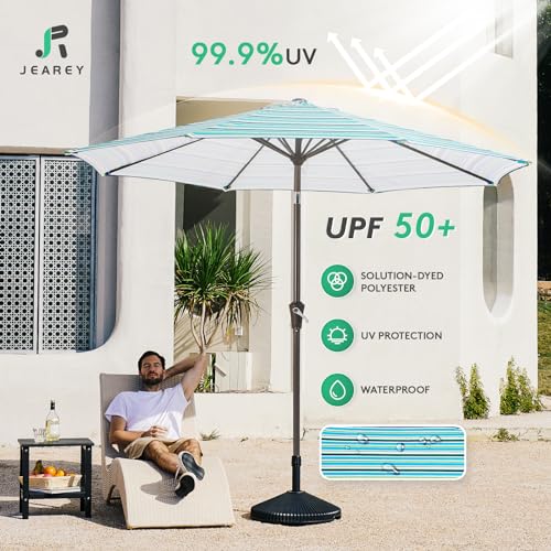 Image of JEAREY 9FT Outdoor Patio Umbrella Outdoor Table Umbrella with Push Button Tilt and Crank, Market Umbrella 8 Sturdy Ribs UV Protection Waterproof for Garden, Deck, Backyard, Pool (Blue Green Stripe)