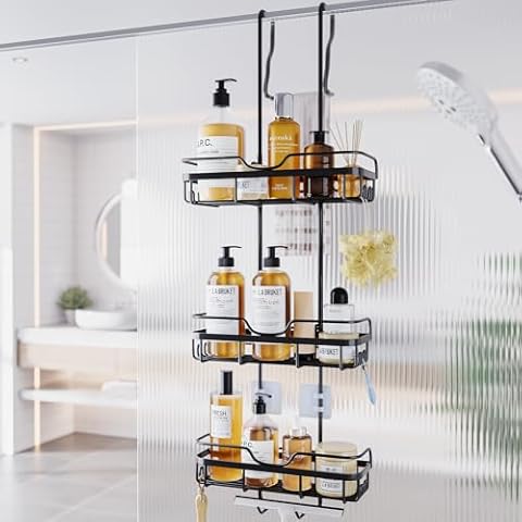 Shower Caddy Over the Door Organizer: Bath Rack Hanging Over Glass with Hooks - Storage Shelf Inside Bathroom for Shampoo - Matte Black Cover