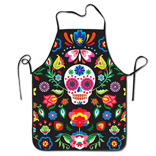 Cilouebghg Kitchen Apron Mexican Sugar Skulls Flowers Bib Apron Women Men Professional Chef Apron Long Ties Waterdrop Resistant Waiter Hostess Apron